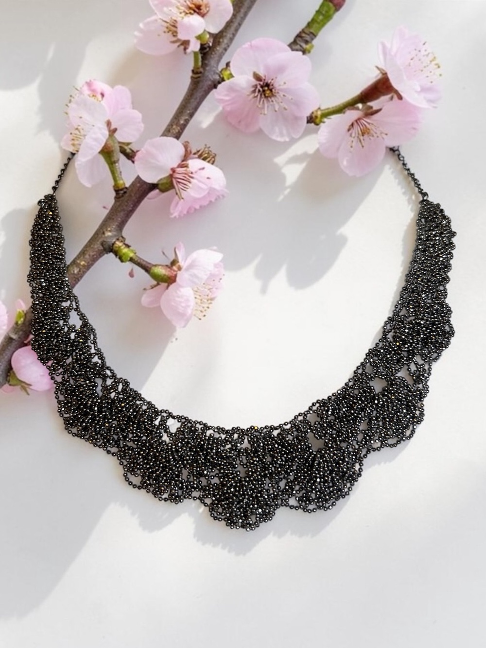 Black Beaded Lace Statement Necklace - Women Jewelry